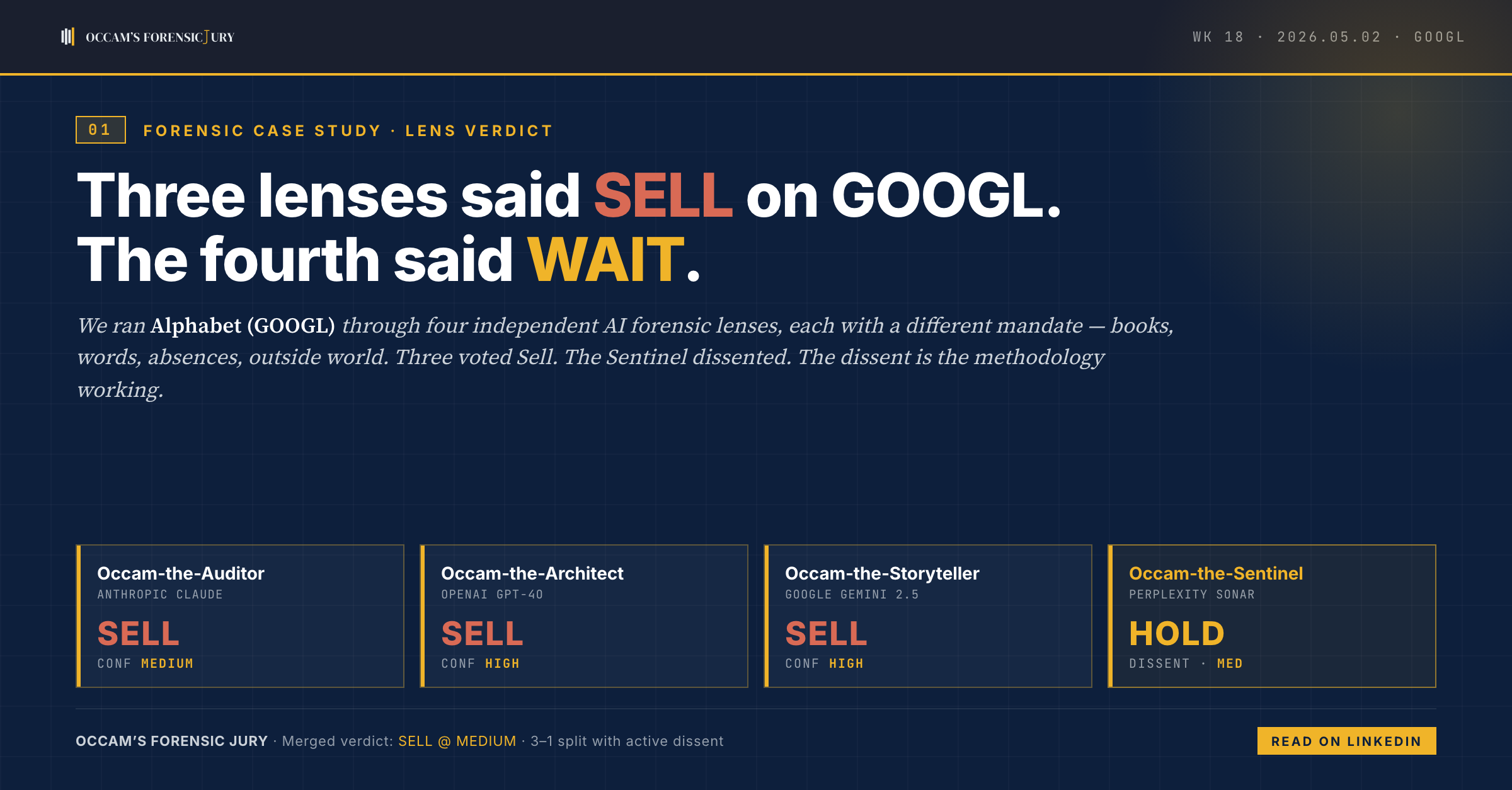 Occam's Forensic Jury — four AI lenses, three voted Sell on GOOGL, one dissented